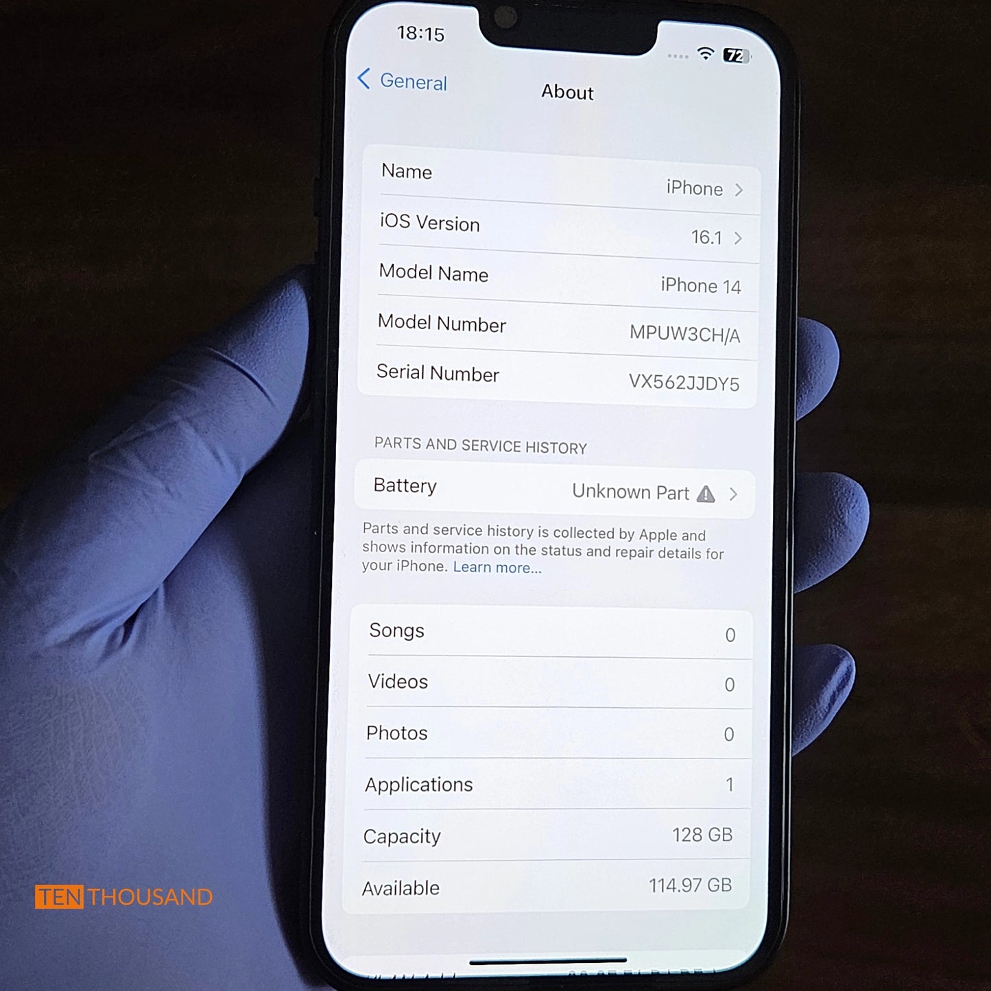 Specifications of iPhone 14 hidden camera phone including system version, storage options, and hardware details