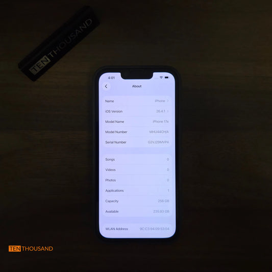 iPhone 17e About screen showing 256GB original iOS device information