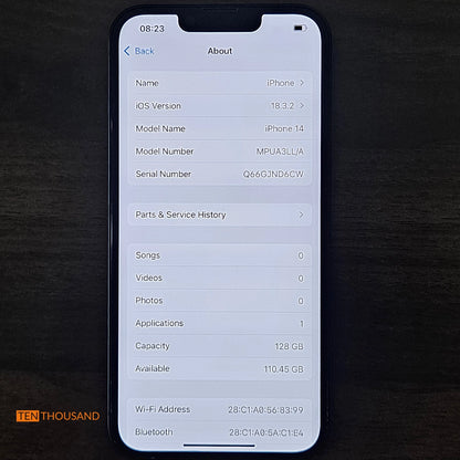 Specifications of iPhone 14 hidden camera phone including system version, storage options, and hardware details