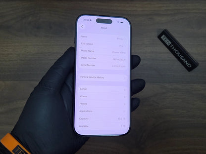 Specifications of iPhone 16 Pro hidden camera phone including system version, storage options, and hardware details
